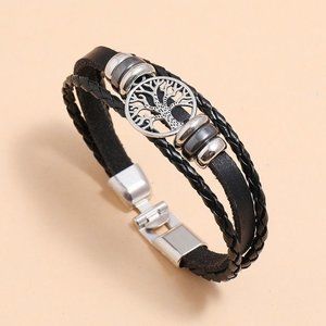 Mens Tree Of Life Bracelet Black Leather